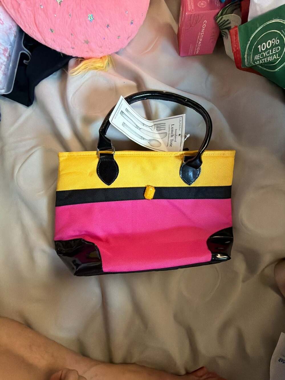 Lily McGee Colorblock Insulated Lunch Tote Pink Yellow Black